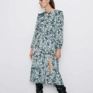 ZARA Floral Satin Midi Dress Small Light Blue Frill Long Sleeve Slitted